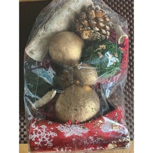 May include: A clear plastic bag containing various decorative elements. The bag includes gold spheres, a pine cone, green moss balls, and a red ribbon with a white snowflake design. Other natural items are also visible.