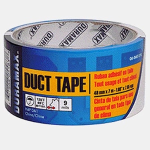 May include: A roll of DURAMAX duct tape. The tape has a blue and yellow label with the words "DUCT TAPE" in large, bold letters. The label also includes text in French and Spanish, and measurements of 48 mm x 7 m - 1.88" x 7.65 yds.