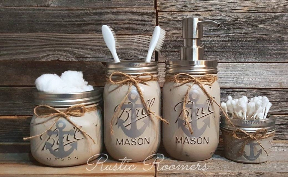 4 Piece Nautical Bathroom Mason Jar Set Etsy