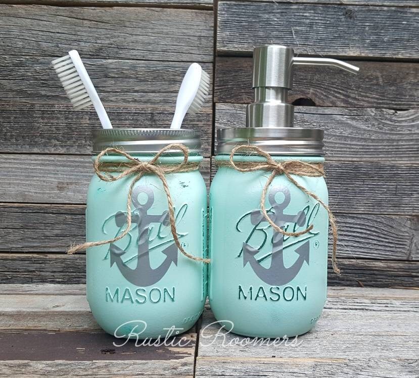 Rustic Bathroom/Kitchen Decor Painted Mason Jars 2 pc | Etsy