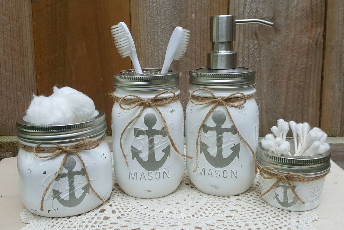 4 Piece Nautical Bathroom Mason Jar Set Etsy
