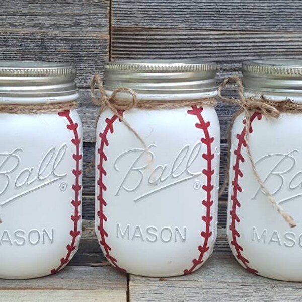 Rustic Baseball Decor - Painted Mason Jars -  Mason Jar Sets - Shabby Chic - Flower Vase - Wedding - Shower - Boy - Childs room - Graduation