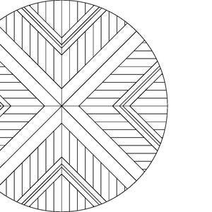 Puede incluir: Un diseño circular en blanco y negro con un patrón simétrico. El diseño se compone de líneas y formas geométricas que se cruzan, creando una composición visualmente equilibrada. El patrón es adecuado para diversas aplicaciones.