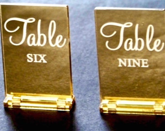 Rectangle 6"x4" Gold Mirror Table Number SETS with base, Wedding, Engagement, Cafe, Restaurant, Function, Party, Freestanding by VividLaser