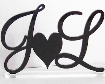 Initial Cake Topper, Wedding, Engagement, Gold or Silver Mirror, Black or White Acrylic Cake Topper, With Heart by VividLaser