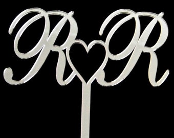 Initial Wedding Cake Topper, with Open Heart, Engagement, Acrylic Black or White, Gold or Silver Mirror,  by VividLaser