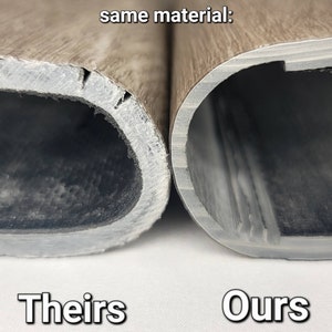 May include: Comparison image of two sections of floor plank material, one labeled "Theirs" and the other "Ours." Both sections are a light brown color with a wood grain pattern. The text "same material:" is above the sections. The "Theirs" section has a rough edge and fissured core while the "Ours" section has a solid, smooth, homogeneous core.