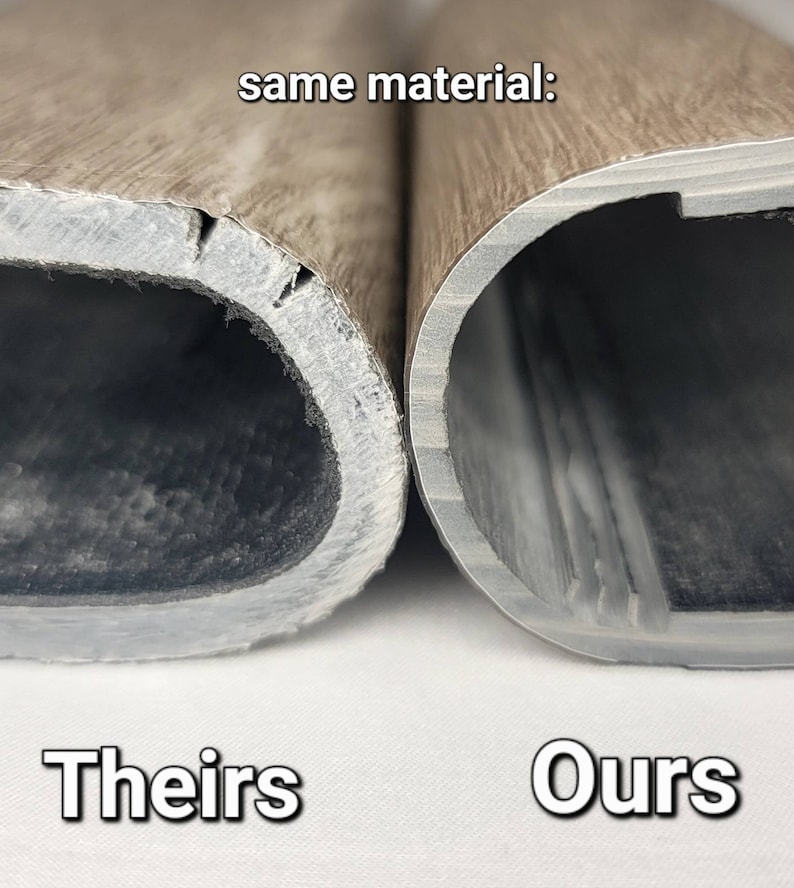 May include: Comparison image of two sections of floor plank material, one labeled "Theirs" and the other "Ours." Both sections are a light brown color with a wood grain pattern. The text "same material:" is above the sections. The "Theirs" section has a rough edge and fissured core while the "Ours" section has a solid, smooth, homogeneous core.