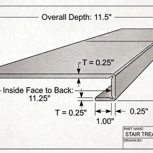 May include: Diagram of a custom stair tread with dimensions labeled in inches. Overall depth is 11.5", inside face to back is 11.25", and the thickness is 0.25". The overall height is labeled as "Y".