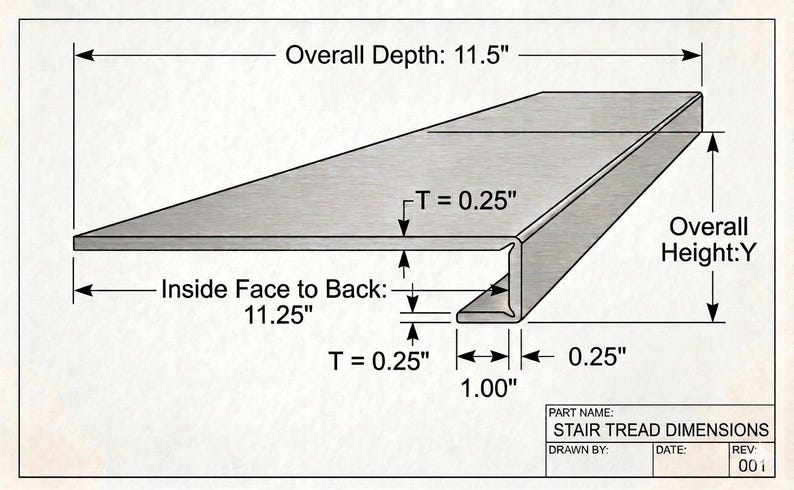 May include: Diagram of a custom stair tread with dimensions labeled in inches. Overall depth is 11.5", inside face to back is 11.25", and the thickness is 0.25". The overall height is labeled as "Y".