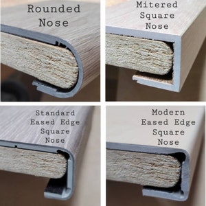 May include: Image showcasing four different edge profiles for flooring made into stair covers or similar materials. The options include Rounded Nose, Mitered Square Nose, Standard Eased Edge Square Nose, and Modern Eased Edge Square Nose. Each sample displays a light wood-grain finish.