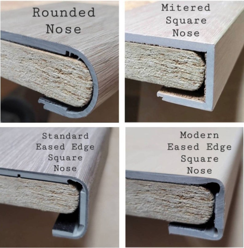 May include: Image showcasing four different edge profiles for flooring made into stair covers or similar materials. The options include Rounded Nose, Mitered Square Nose, Standard Eased Edge Square Nose, and Modern Eased Edge Square Nose. Each sample displays a light wood-grain finish.
