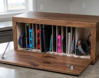 Wooden Charging Station Lock Box – Digital Detox Family Time Out Box, Secure Device Organizer
