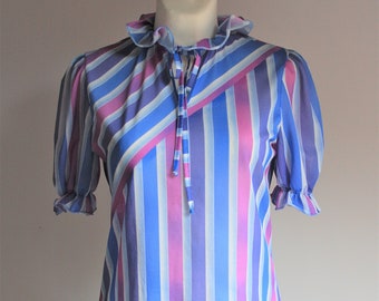 Vintage 1980s summer blue pink  pastel colours ruffle collar striped blouse size 36