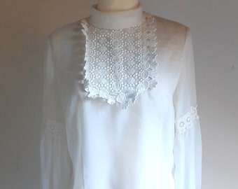 Vintage 1970s white guipure high neck sheer blouse boho hippie style medium size