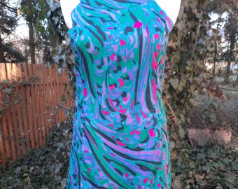 Vintage 1960s ärmelloses mod Kleid mit mehrfarbigem psychedelischem Print kleine Größe