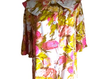 Vintage 1950s 1960s Gazelle multicolor floral large collar front buttons housecoat large size