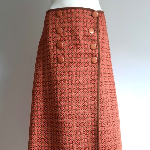 Taille unique, jupe longue tapisserie marron corail Welsh Woollens vintage des années 1970