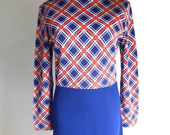 Robe courtelle imprimée Leygil vintage des années 1960 bleu marine rouge taille moyenne