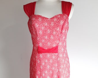 Vintage red white floral polka dot pleated ruffle sleeveless summer dress with tags large size