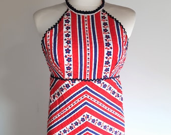 Bonwit Teller vintage 1970s red blue white floral striped long halter dress small size