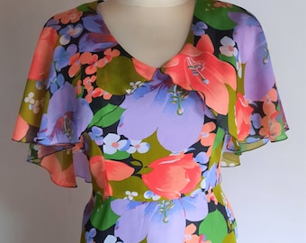 Vintage 1970s multicolour floral ruffle cape collar trevira long dress size 36/38