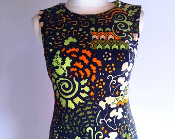 Niedieck Brillant Samt vintage 1960s 1970s multicolor impreso terciopelo sin mangas vestido mod estilo tamaño pequeño