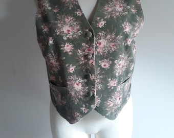 Laura Ashley vintage 1990s khaki green pink corduroy floral cotton vest large size