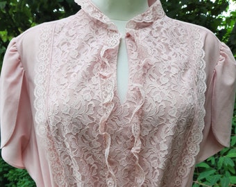 Jane Baar New York vintage 1980s dusty pink lace ruffle tie midi dress large size