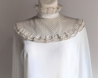Vintage 1980s white gold ruffle lace high neck blouse victorian style medium size