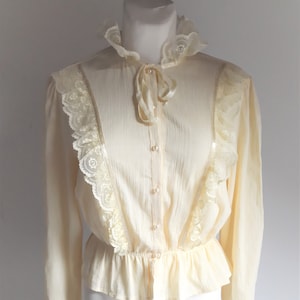 Vintage 1990s yellow ruffle floral lace high neck tie peplum blouse medium size