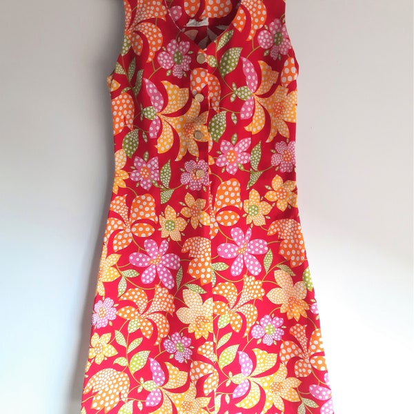 Vintage 1960s Banner colourful floral sleeveless dress mod style small size