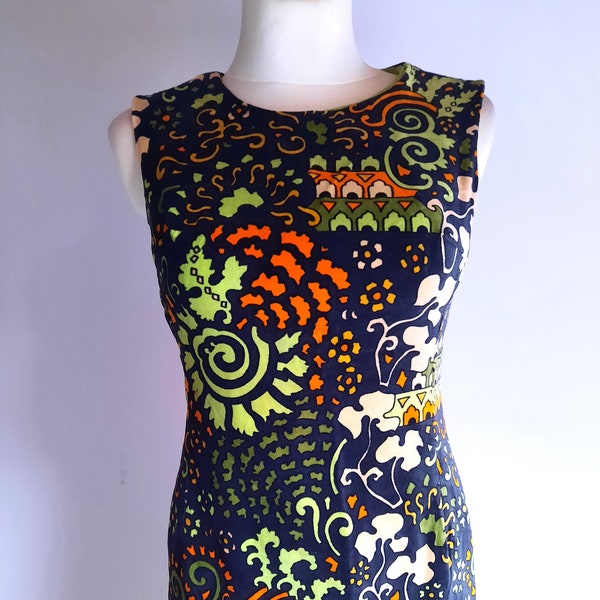 Niedieck Brillant Samt vintage 1960s 1970s multicolour printed velvet sleeveless dress mod style small size