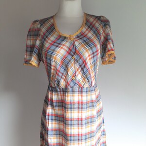 Vintage 1970s multicolour plaid ruffle tie long dress size 38/40