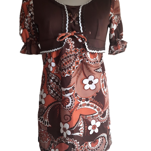 Vintage 70s Floral Mini Dress, Brown Puff Sleeve, Boho Style