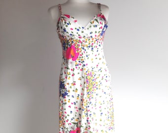 Susan Small vintage 1970s multicolor floral sin mangas vestido largo talla 36/38