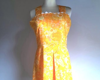 Vintage 1970s orange yellow paisley floral sleeveless dress boho hippie style medium/large size