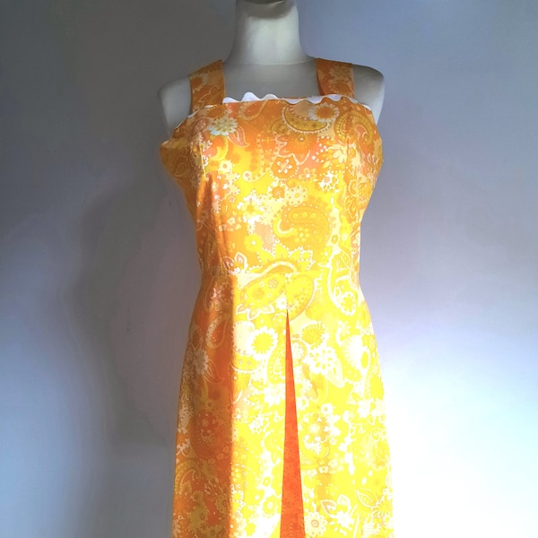 Vintage 1970er Jahre orange gelb paisley geblümt ärmelloses Kleid Boho Hippie Stil mittelgroß / groß