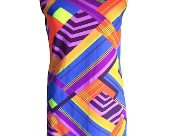Vintage 1970s colorful psychedelic abstract printed sleeveless mini dress medium size