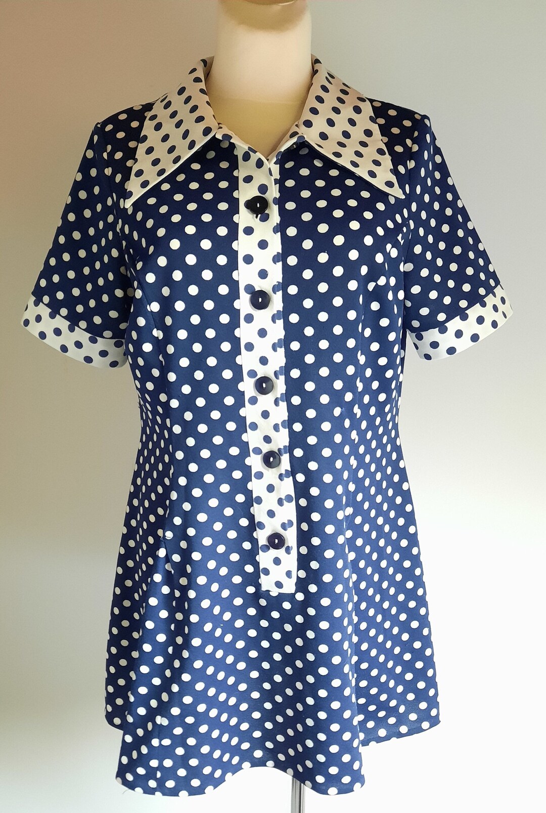 Vintage 1970s Navy Blue White Polka Dot Mini Dress Medium/large Size - Etsy