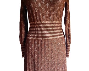 Goldworm vintage 1970s brown metallic copper striped lurex sweater knit dress medium size