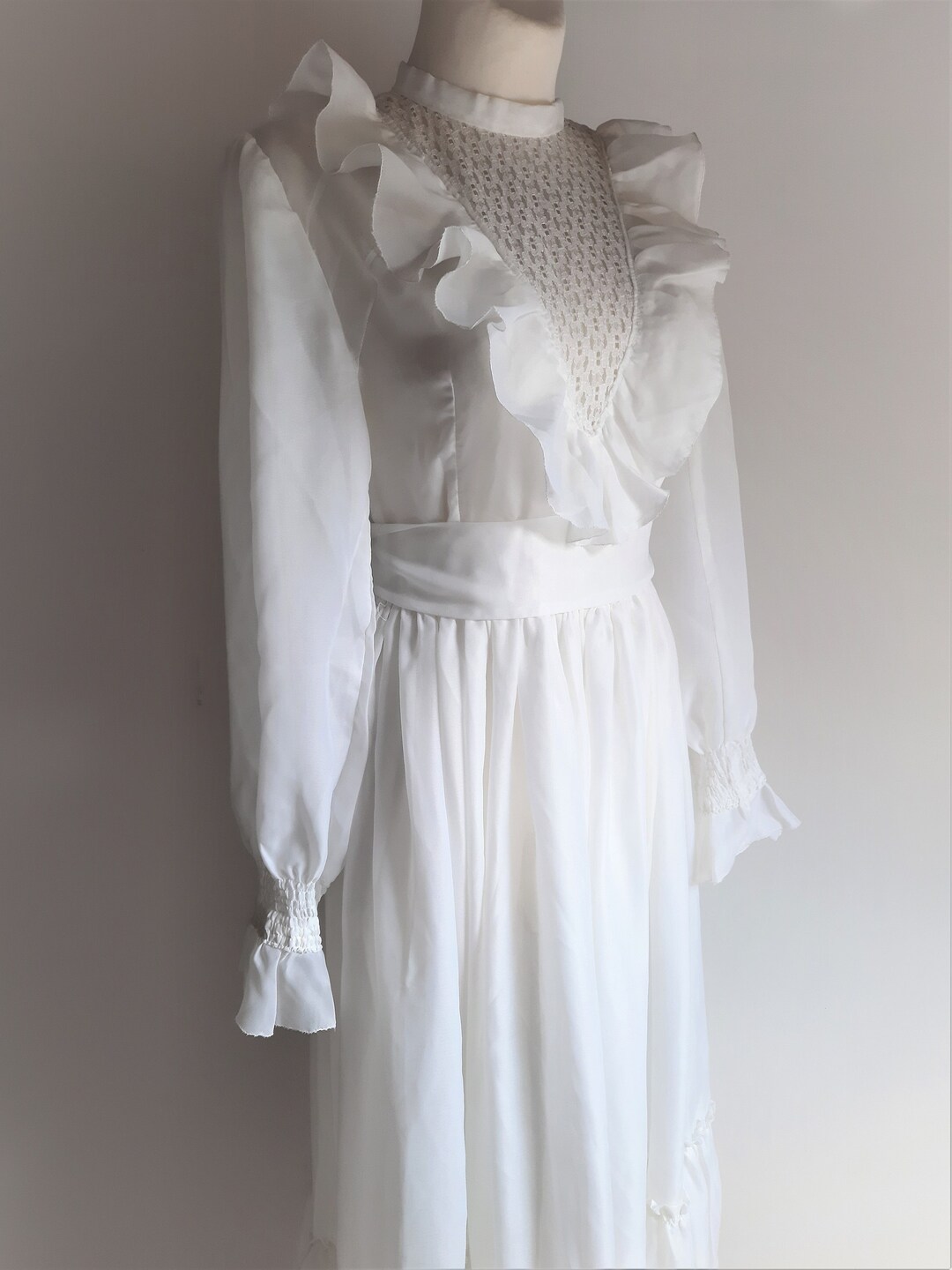 Vintage 1970s White Ruffle Lace Long Wedding Dress Gunne Sax Prairie ...