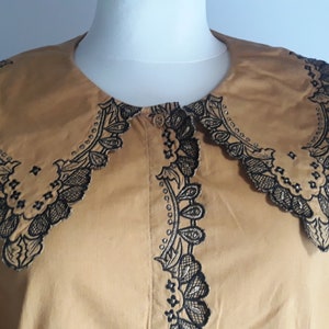Vintage 1990s mustard yellow metallic gold embroidered collar cotton blouse medium size
