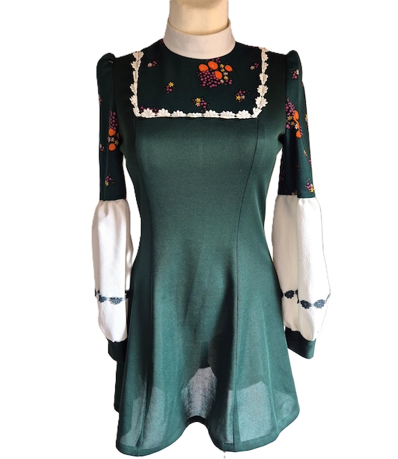 70s mini dress with sleeves 70s Green Bell Sleeve Dress | Retro Hippie Tent Mini Dress