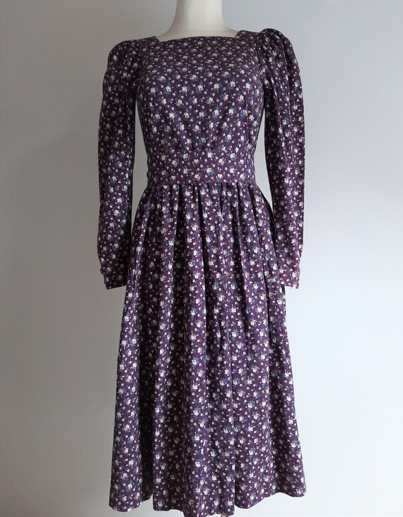 German Vintage Floral Geometric Cerise Pink Red Blue Purple Green Knee-Length Dress w Gold Buttons Size 10 US 90s Abstract Dress 14 UK