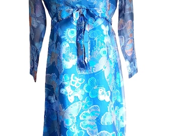 Vintage 1960s blue butterfly print high neck long dress medium size