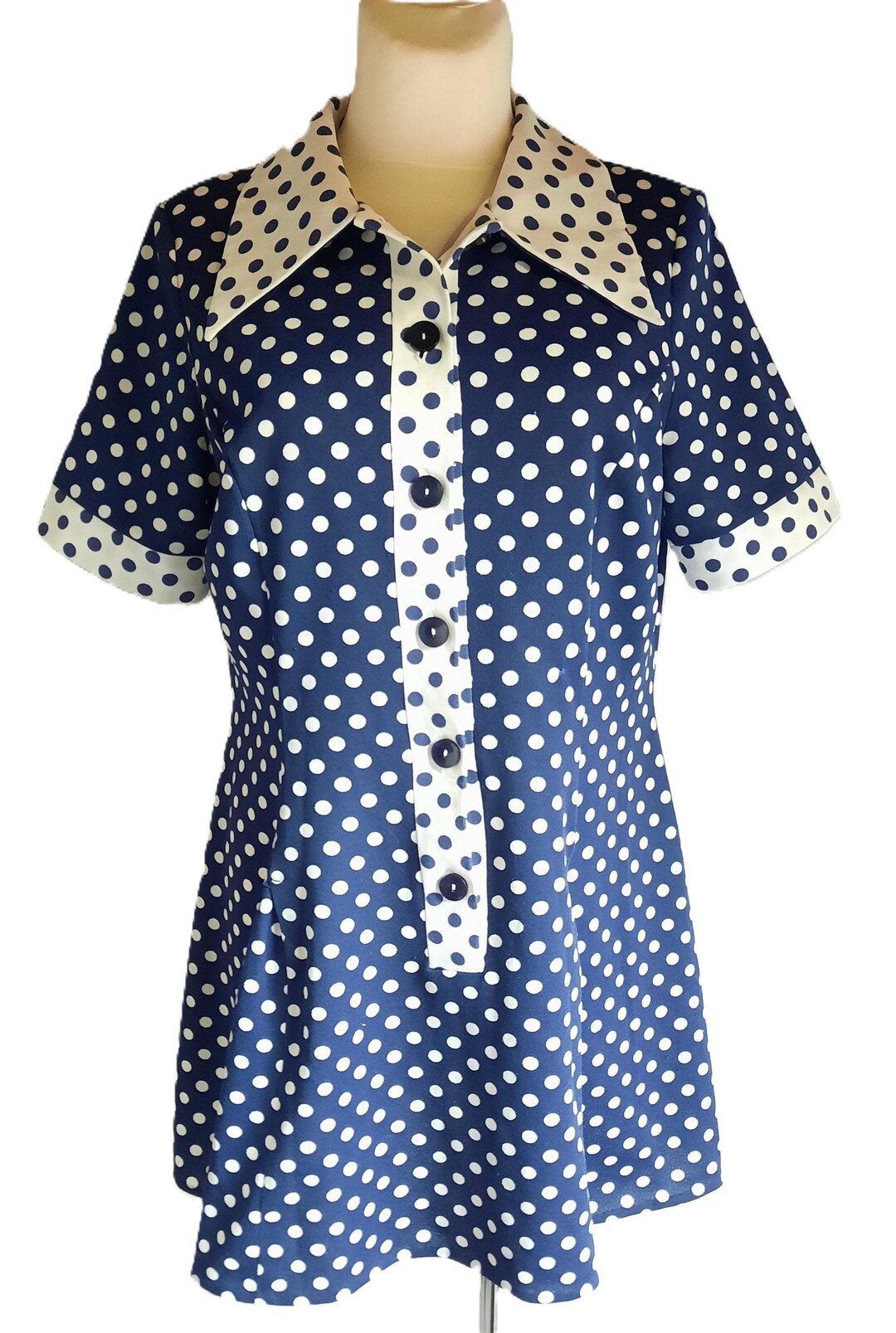 Vintage 1970s Navy Blue White Polka Dot Mini Dress Medium/large Size - Etsy