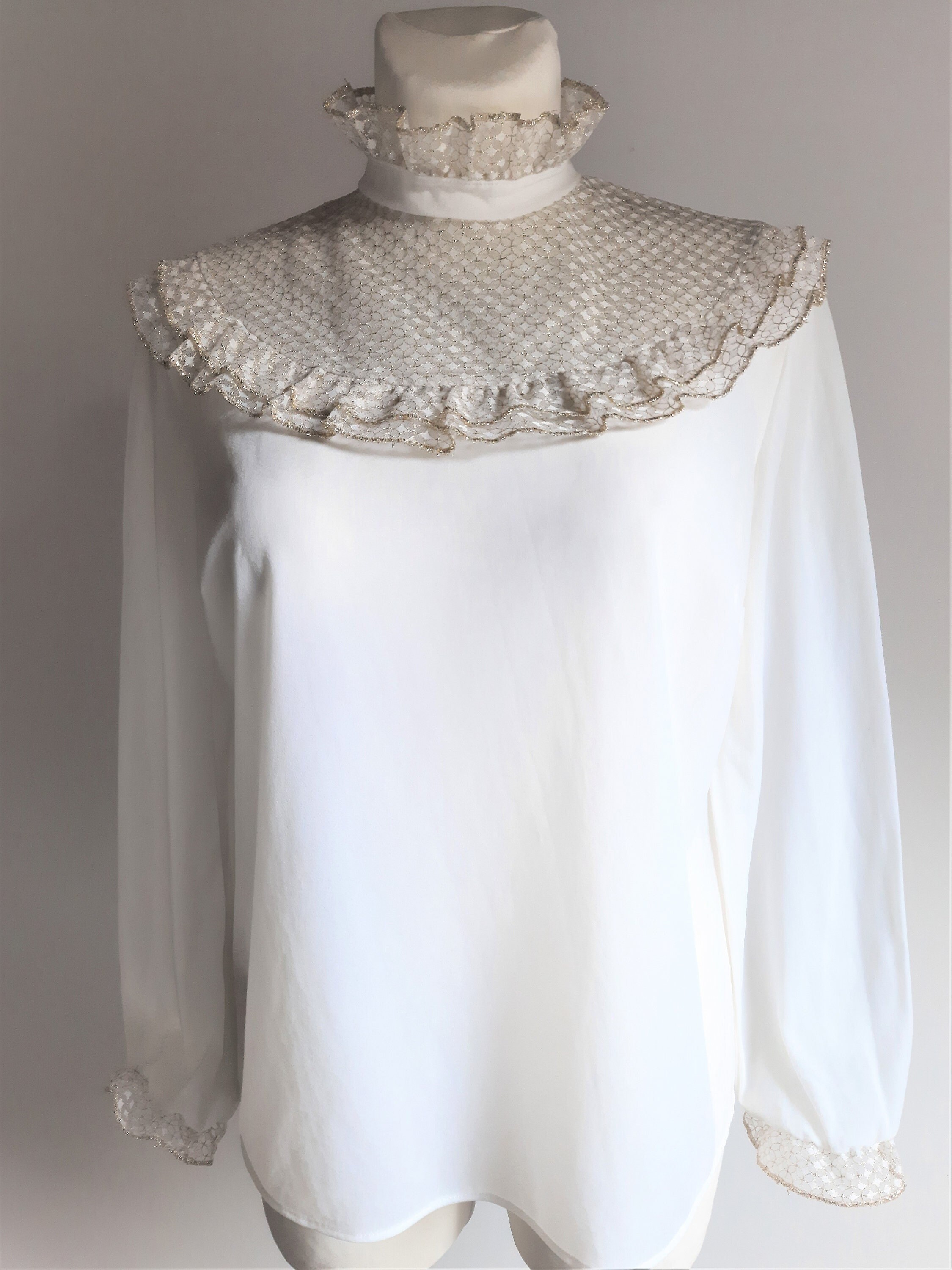 Vintage 1980s White Gold Ruffle Lace High Neck Blouse
