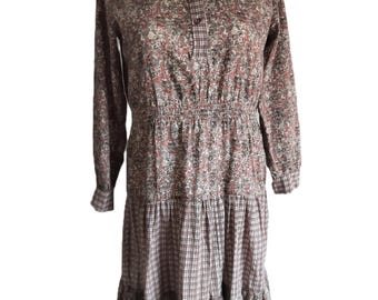 Vintage 1980s brown floral plaid ruffle patchwork midi dress small medium size