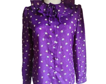 Vintage 1990s purple floral ruffle double collar secretary blouse medium size